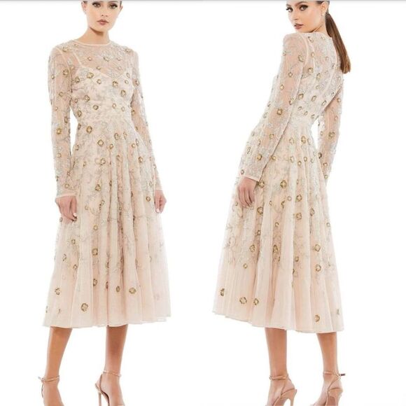 Mac Duggal Long Sleeves Embellished Beaded Midi Floral Nude Dress Size 2 - Picture 1 of 14